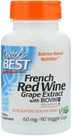 French Red Wine Grape Extract, 60 mg, 90 Veggie Caps by Doctors Best-Kosttillskott, Antioxidanter, Druvfrö Extrakt, Druv Extrakt