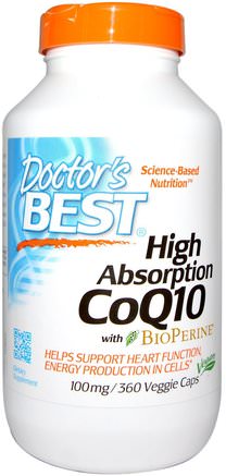High Absorption CoQ10 with BioPerine, 100 mg, 360 Veggie Caps by Doctors Best-Kosttillskott, Koenzym Q10, Coq10