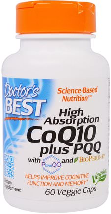 High Absorption CoQ10, 100 mg, plus PQQ, 20 mg, with PureQQ and BioPERINE, 60 Veggie Caps by Doctors Best-Kosttillskott, Koenzym Q10, Antioxidanter, Pqq (Biopqq)