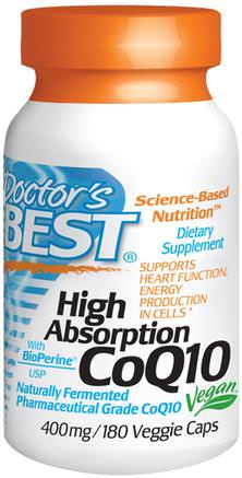 High Absorption CoQ10 with BioPerine, 400 mg, 180 Veggie Caps by Doctors Best-Kosttillskott, Koenzym Q10, Coq10 400 Mg