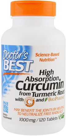 High Absorption Curcumin with C3 Complex and BioPerine, 1.000 mg, 120 Tablets by Doctors Best-Kosttillskott, Antioxidanter, Curcumin C3-Komplex