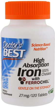 High Absorption Iron With Ferrochel, 27 mg, 120 Tablets by Doctors Best-Kosttillskott, Mineraler, Järn