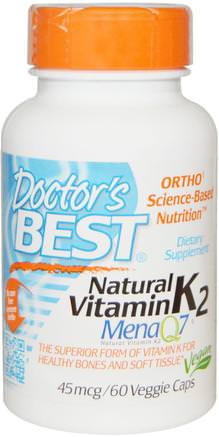 Natural Vitamin K2 MK7, with Mena Q7, 45 mcg, 60 Veggie Caps by Doctors Best-Vitaminer, Vitamin K, Ben, Osteoporos