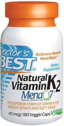 Natural Vitamin K2 MK7, with Mena Q7, 45 mcg, 180 Veggie Caps by Doctors Best-Vitaminer, Vitamin K, Ben, Osteoporos