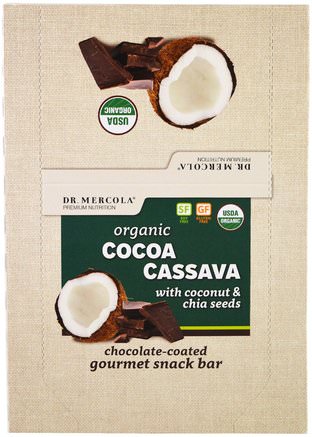 Organic Cocoa Cassava with Coconut & Chia Seeds, 12 Bars, 1.55 oz (44 g) Each by Dr. Mercola-Värmekänsliga Produkter, Kosttillskott, Näringsmässiga Barer