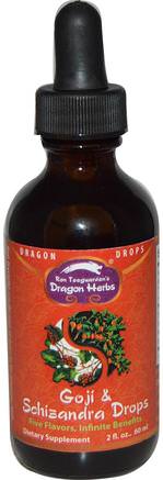 Dragon Drops, Goji & Schizandra Drops, 2 fl oz (60 ml) by Dragon Herbs-Kosttillskott, Adaptogen, Schizandra (Schisandra)