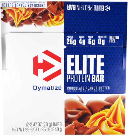 Elite Protein Bar, Chocolate Peanut Butter, 12 Bars, 2.47 oz (70 g) Each by Dymatize Nutrition-Kosttillskott, Protein, Sport Protein, Sport, Protein Barer
