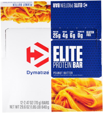 Elite Protein Bar, Peanut Butter, 12 Bars, 2.47 oz (70 g) by Dymatize Nutrition-Sport, Proteinstänger, Muskel