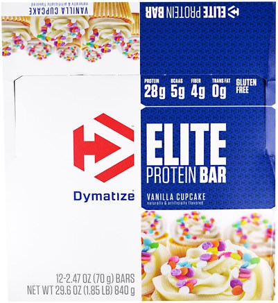 Elite Protein Bar, Vanilla Cupcake, 12 Bars, 2.47 oz (70 g) Each by Dymatize Nutrition-Kosttillskott, Protein, Sport Protein, Sport, Protein Barer
