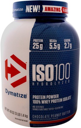 ISO 100 Hydrolyzed, 100% Whey Protein Isolate, Chocolate Peanut Butter, 3 lb (1.4 kg) by Dymatize Nutrition-Sport, Kosttillskott, Vassleprotein