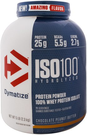 ISO 100 Hydrolyzed, 100% Whey Protein Isolate, Chocolate Peanut Butter, 5 lb (2.3 kg) by Dymatize Nutrition-Sport, Kosttillskott, Vassleprotein