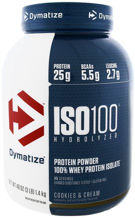 ISO 100 Hydrolyzed 100% Whey Protein Isolate, Cookies & Cream, 3 lbs (1.36 kg) by Dymatize Nutrition-Kosttillskott, Vassleprotein