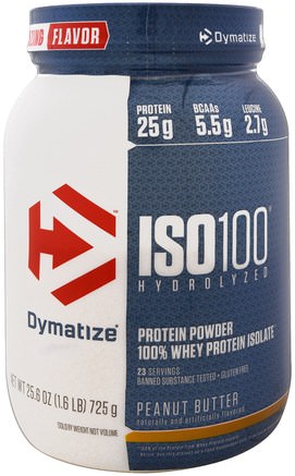 ISO 100 Hydrolyzed, 100% Whey Protein Isolate, Peanut Butter, 25.6 oz (725 g) by Dymatize Nutrition-Sport, Kosttillskott, Vassleprotein