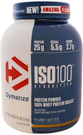 ISO 100 Hydrolyzed, 100% Whey Protein Isolate, Peanut Butter, 48 oz (1.4 kg) by Dymatize Nutrition-Sport, Kosttillskott, Vassleprotein