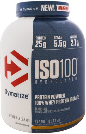 ISO 100 Hydrolyzed, 100% Whey Protein Isolate, Peanut Butter, 5 lb (2.3 kg) by Dymatize Nutrition-Sport, Kosttillskott, Vassleprotein