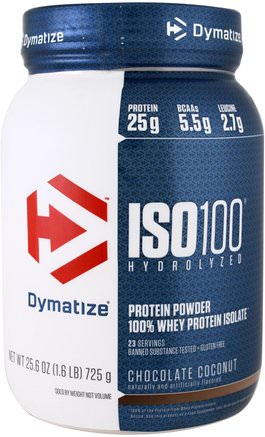 ISO 100, Hydrolyzed, 100% Whey Protein Isolate Powder, Chocolate Coconut, 25.6 oz (725 g) by Dymatize Nutrition-Sport, Kosttillskott, Vassleprotein