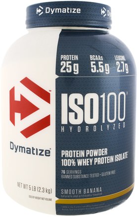 ISO 100 Hydrolyzed, 100% Whey Protein Isolate, Smooth Banana, 5 lbs (2.3 kg) by Dymatize Nutrition-Kosttillskott, Vassleprotein, Träning