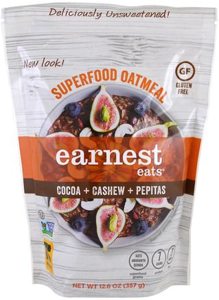 Superfood Oatmeal, Cocoa + Cashew + Pepitas, 12.6 oz (357 g) by Earnest Eats-Mat, Mat, Spannmål, Fullkornsprodukter, Snacks