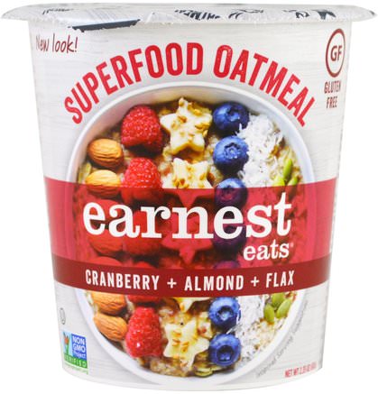 Superfood Oatmeal, Cranberry + Almond + Flax, American Blend, 2.35 oz (67 g) by Earnest Eats-Mat, Mat, Spannmål, Fullkornspannmål, Havre Havregryn