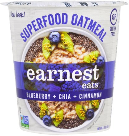 SuperFood Oatmeal Cup, Blueberry + Chia + Cinnamon, Superfood Blueberry Chia, 2.35 oz (67 g) by Earnest Eats-Mat, Mat, Havre Havregryn