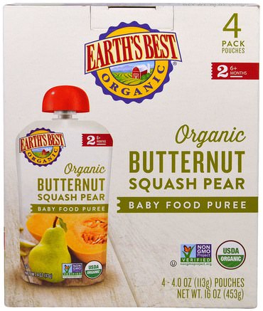 Organic Butternut Squash Pear, Baby Food Puree, 6+ Months, 4 Pouches, 4.0 oz (113 g) Each by Earths Best-Barns Hälsa, Barnmat