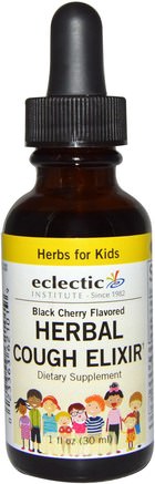 Herbs For Kids, Herbal Cough Elixir, Black Cherry Flavored, 1 fl oz (30 ml) by Eclectic Institute-Barns Hälsa, Kall Influensav Hosta, Barns Växtbaserade Läkemedel