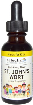 Herbs For Kids, St. Johns Wort, Black Cherry Flavor, 1 fl oz (30 ml) by Eclectic Institute-Örter, St. Johns Wort, Barns Växtbaserade Läkemedel