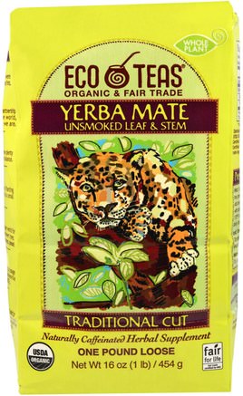Yerba Mate, Unsmoked Leaf & Stem, 16 oz (445 g) by Eco Teas-Mat, Örtte, Yerba Mate