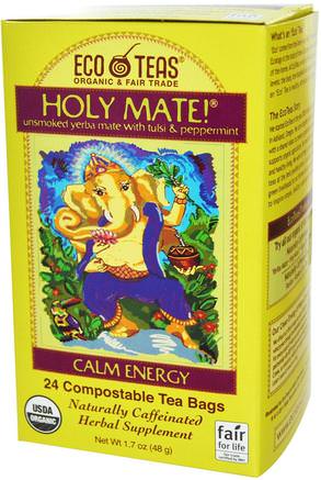 Holy Mate!, Calm Energy, Unsmoked Yerba Mate With Tulsi & Peppermint, 24 Tea Bags, 1.7 oz (48 g) by Eco Teas-Mat, Örtte, Yerba Kompis, Tulsi Te