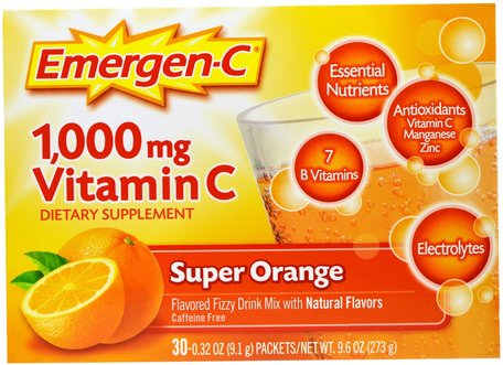 1.000 mg Vitamin C, Super Orange, 30 Packets, 0.32 oz (9.1 g) Each by Emergen-C-Vitaminer, Vitamin C