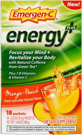 Energy Plus, Peach Mango, 18 Packets, 0.33 oz (9.4 g) Each by Emergen-C-Vitaminer, Vitamin C