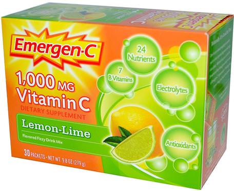 Vitamin C, Flavored Fizzy Drink Mix, Lemon-Lime, 1.000 mg, 30 Packets, 9.3 g Each by Emergen-C-Vitaminer, Vitamin C