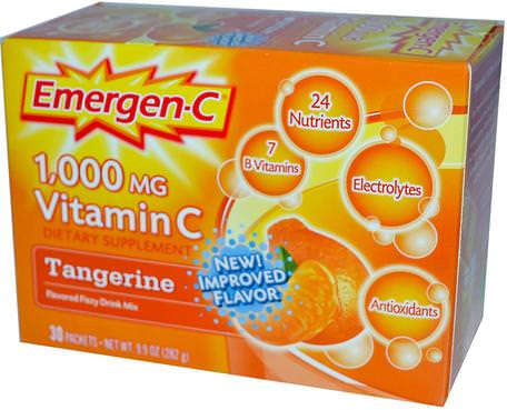 Vitamin C, Flavored Fizzy Drink Mix, Tangerine, 1.000 mg, 30 Packets, 9.4 g Each by Emergen-C-Vitaminer, Vitamin C