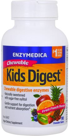 Kids Digest, Chewable Digestive Enzymes, Fruit Punch, 90 Chewable Tablets by Enzymedica-Kosttillskott, Matsmältningsenzymer