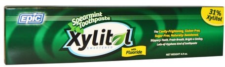 Xylitol Sweetened, Spearmint Toothpaste with Fluoride, 4.9 oz by Epic Dental-Bad, Skönhet, Oral Tandvård, Xylitol Oral Vård, Tandkräm