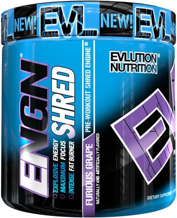 ENGN Shred, Pre-Workout Shred Engine, Furious Grape, 7.8 oz (222 g) by EVLution Nutrition-Hälsa, Energi, Sport