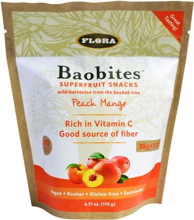 Baobites Superfruit Snacks, Peach Mango, 6.17 oz (175 g) by Flora-Mat, Mellanmål, Frukt Extrakt, Super Frukt
