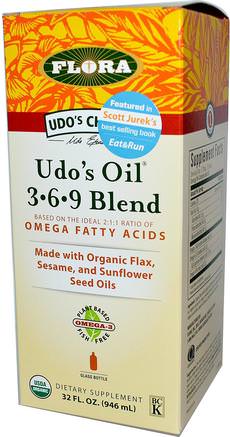Udos Choice, Udos Oil 369 Blend, 32 fl oz (946 ml) by Flora-Kosttillskott, Efa Omega 3 6 9 (Epa Dha), Linfröolja, Flora Utosoljor