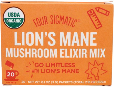 Lions Mane, Mushroom Elixir Mix, 20 Packets, 0.1 oz (3 g) Each by Four Sigmatic-Kosttillskott, Superfoods, Medicinska Svampar, Lions Mane Svampar