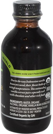 Organic Vanilla Extract, Indonesia, Farm Grown, 2 fl oz (59 ml) by Frontier Natural Products-Mat, Sötningsmedel, Vanilj-Extraktbönor