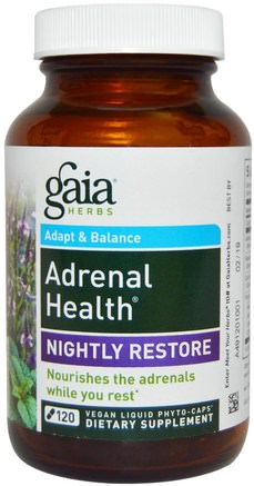 Adrenal Health, Nightly Restore, 120 Vegan Liquid Phyto-Caps by Gaia Herbs-Hälsa, Binjurstöd