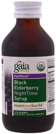 Black Elderberry NightTime Syrup, 3 fl oz (89 ml) by Gaia Herbs-Hälsa, Kall Influensa Och Virus, Immunförsvar