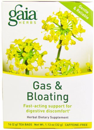Gas & Bloating, Caffeine-Free, 16 Tea Bags, 1.13 oz (32 g) by Gaia Herbs-Mat, Örtte, Hälsa