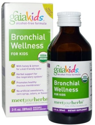 Kids, Bronchial Wellness, for Kids, Alcohol-Free, 3 fl oz (89 ml) by Gaia Herbs-Barns Hälsa, Barns Växtbaserade Läkemedel, Kall Influensav Hosta