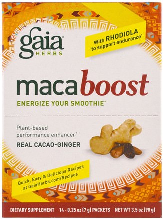 MacaBoost, Real Cacao-Ginger, 14 Packets, 0.25 oz (7 g) Each by Gaia Herbs-Hälsa, Energi