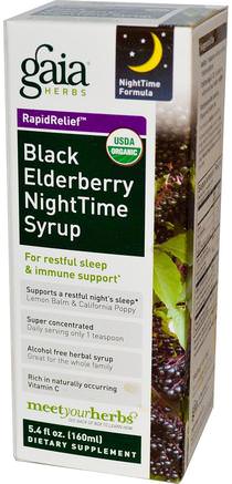Rapid Relief, Black Elderberry NightTime Syrup, 5.4 fl oz (160 ml) by Gaia Herbs-Hälsa, Kall Influensa Och Virus, Immunförsvar