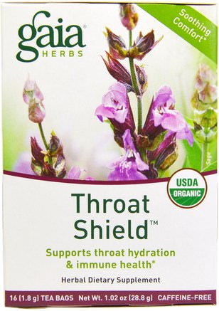 Throat Shield, Caffeine Free, 16 Tea Bags, 1.02 oz (28.8 g) by Gaia Herbs-Mat, Örtte, Kall Influensa Och Viral, Halsvårdspray