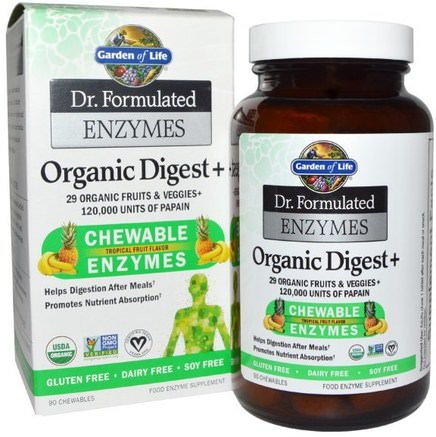 Dr. Formulated Enzymes, Organic Digest +, Tropical Fruit Flavor, 90 Chewables by Garden of Life-Kosttillskott, Matsmältningsenzymer