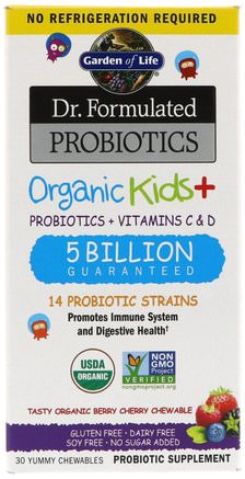 Dr. Formulated Probiotics, Organic Kids +, Tasty Organic Berry Cherry, 30 Yummy Chewables by Garden of Life-Kosttillskott, Barns Hälsa