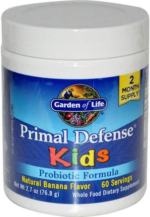 Kids, Primal Defense, Probiotic Formula, Natural Banana Flavor, 2.7 oz (76.8 g) by Garden of Life-Kosttillskott, Probiotika, Probiotika För Barn, Stabiliserade Probiotika